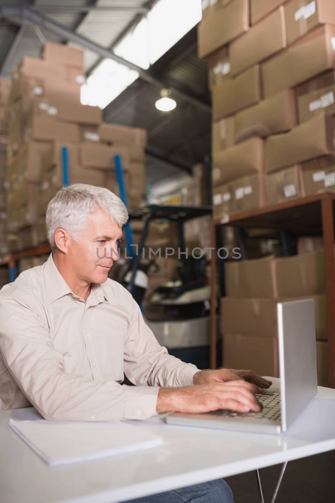 Concentrated warehouse manager using laptop by Wavebreakmedia