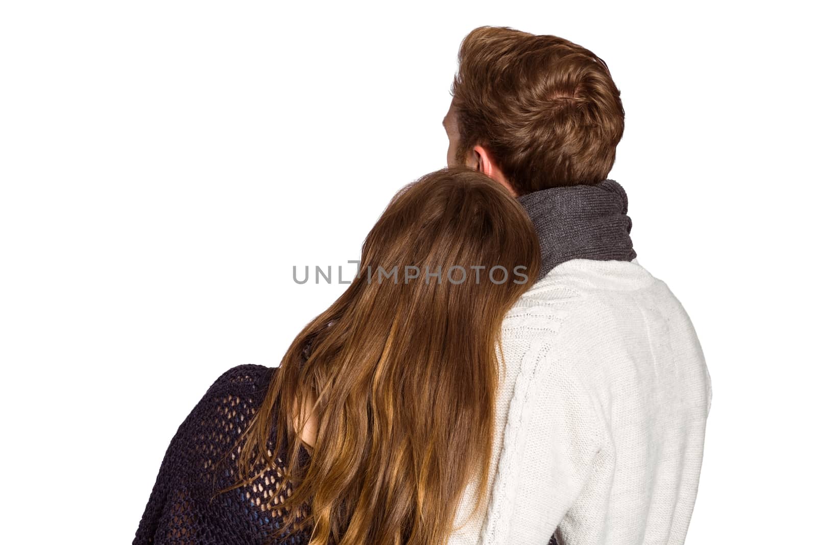 Close up rear view of romantic young couple over white background