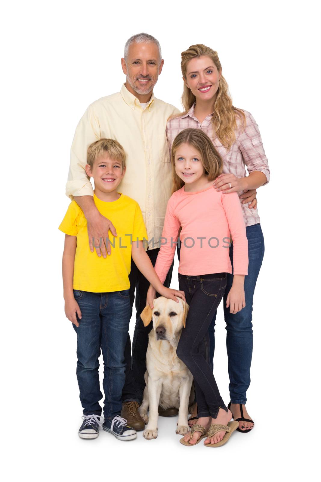 Happy family with their pet dog on white background