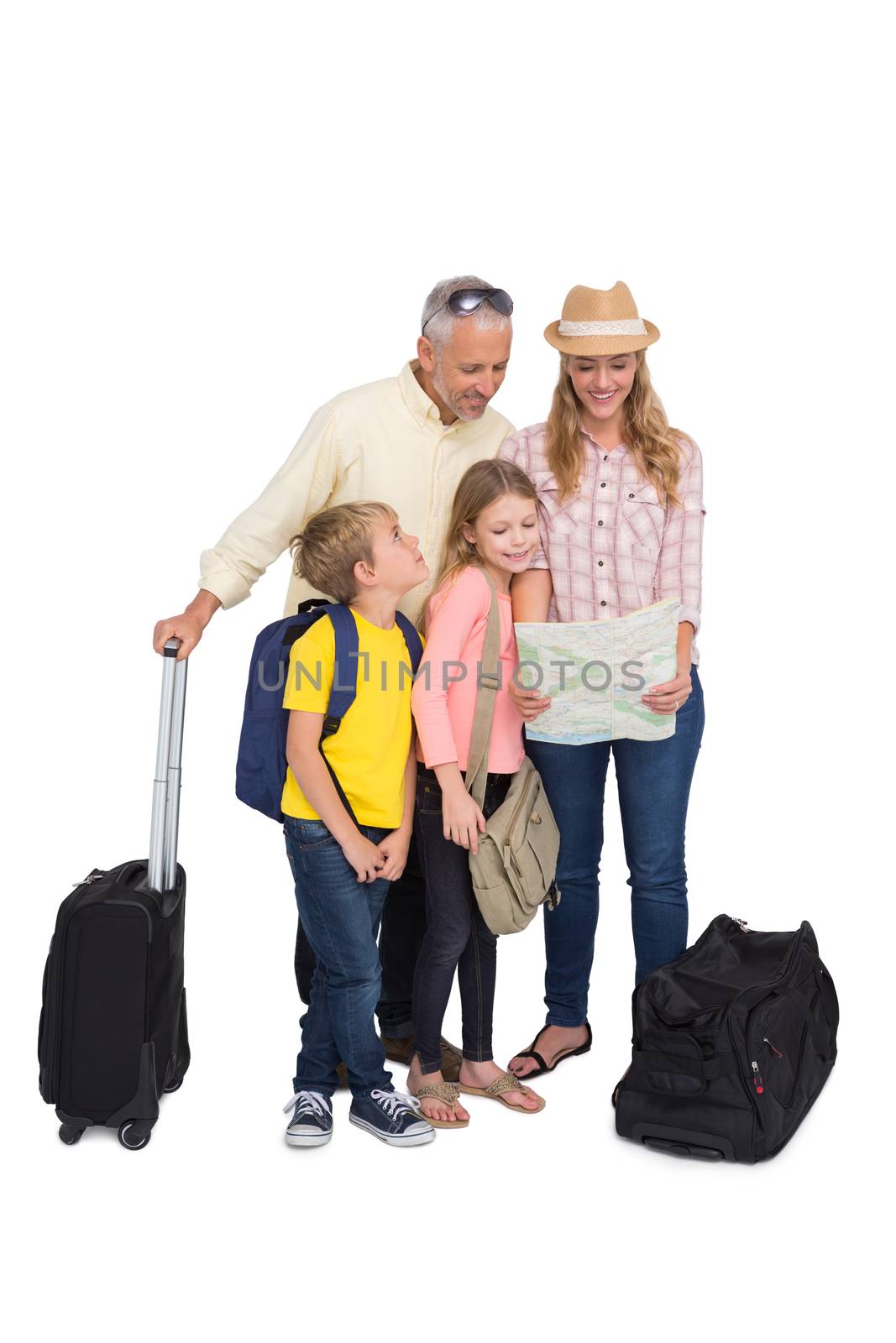 Happy family ready for a holiday on white background