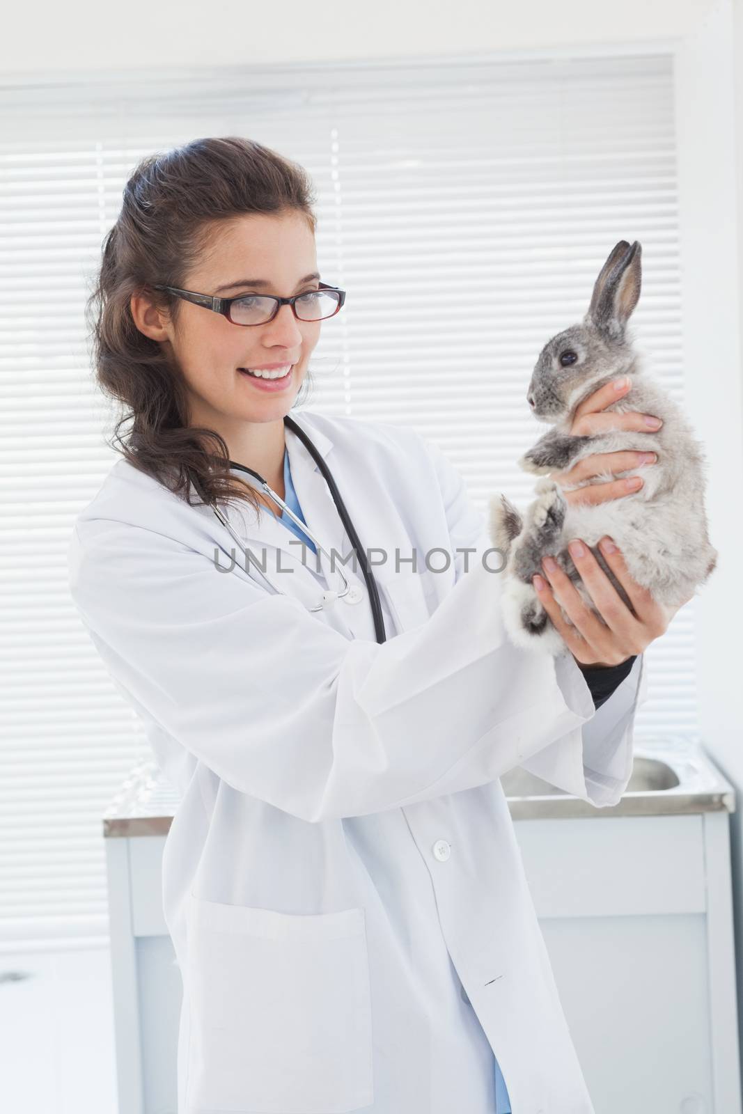 Happy vet petting a cut bunny in medical office
