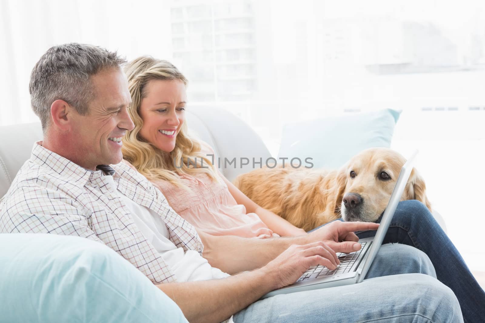 Couple using laptop and spending time with their dog by Wavebreakmedia