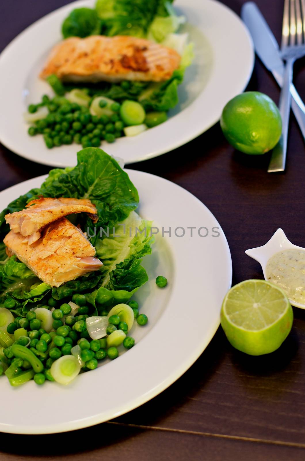 Delicious Roasted Salmon with Sweet Pea, Leek and Salad Romano on White Plates closeup on Dark Wooden background. Focus on Foreground