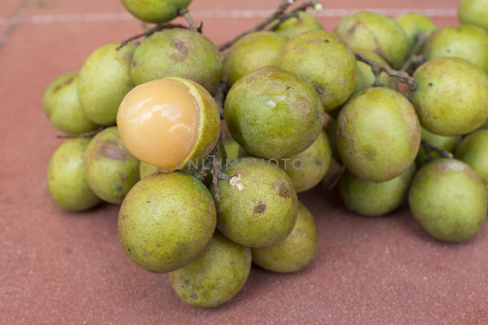 Closeup bunch of whole fresh Melicoccus bijugatus Spanish limes with one peeled revealing soft juicy pulp on red surface