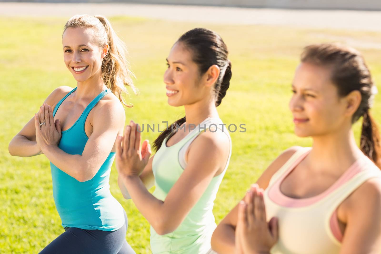 Portrait of smiling sporty women doing yoga together in parkland