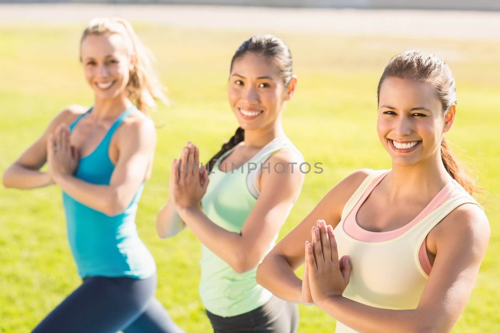 Portrait of smiling sporty women doing yoga together in parkland