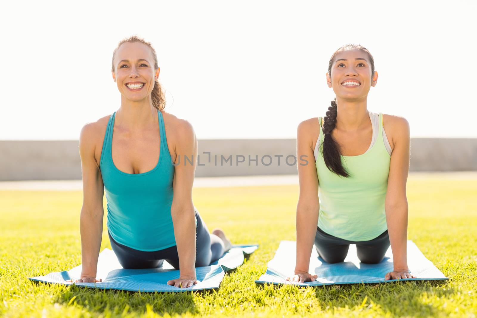 Portrait of smiling sporty women doing yoga on exercise mats in parkland