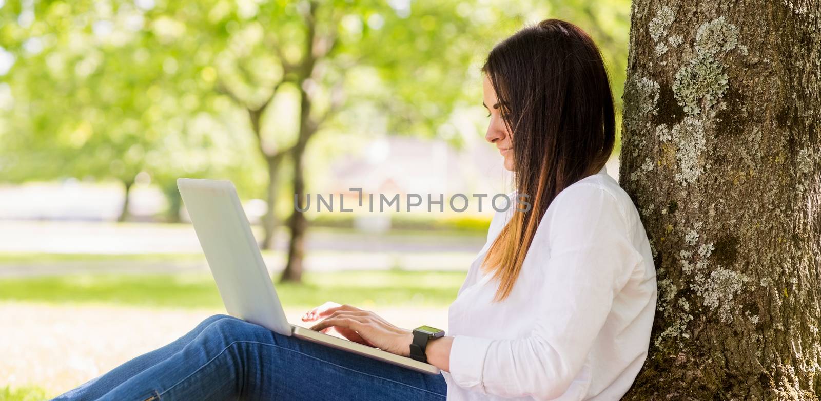 Beautiful brunette using laptop in the park on a sunny day