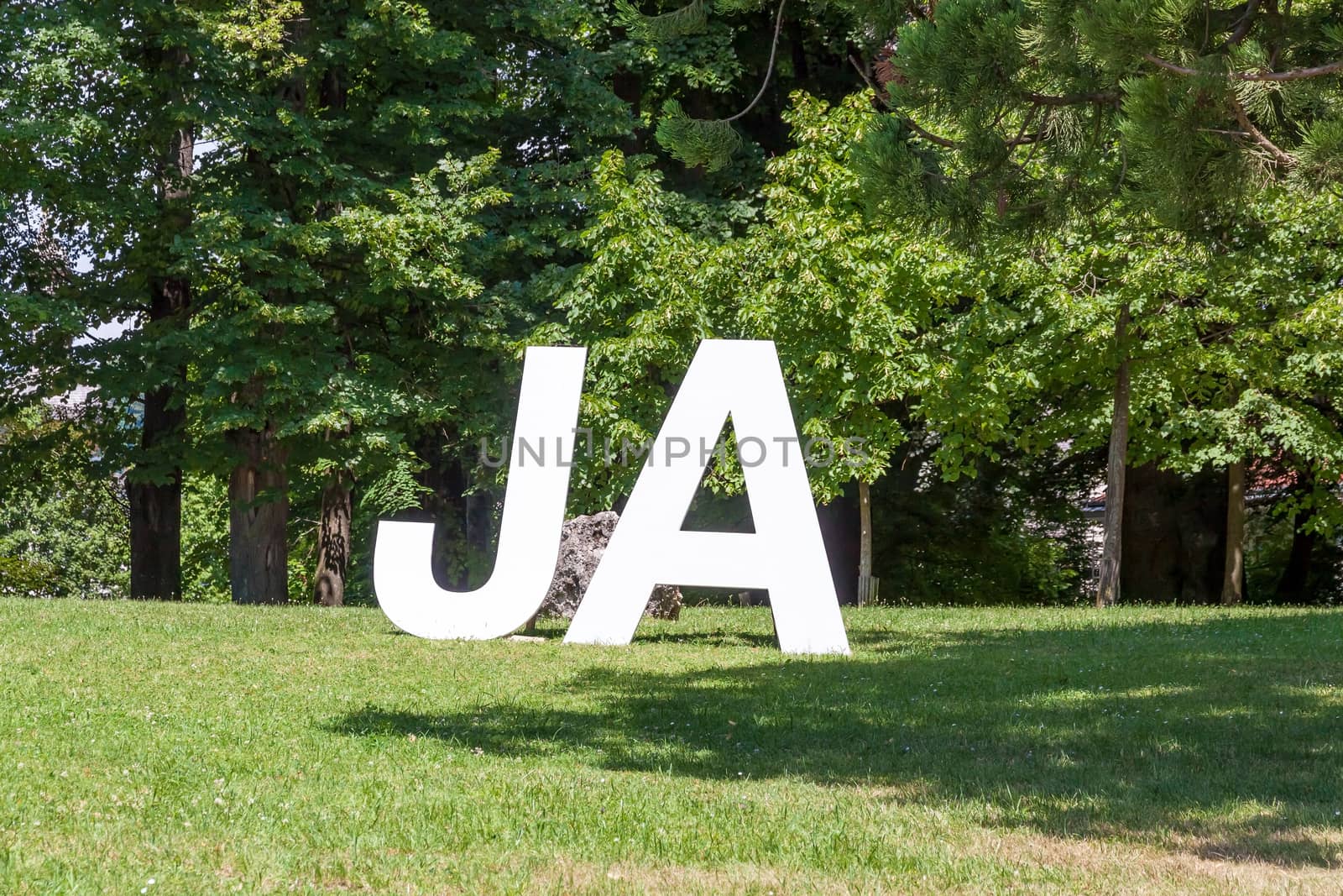German Yes (Ja) written with upper case letters, on a green meadow with trees in the background