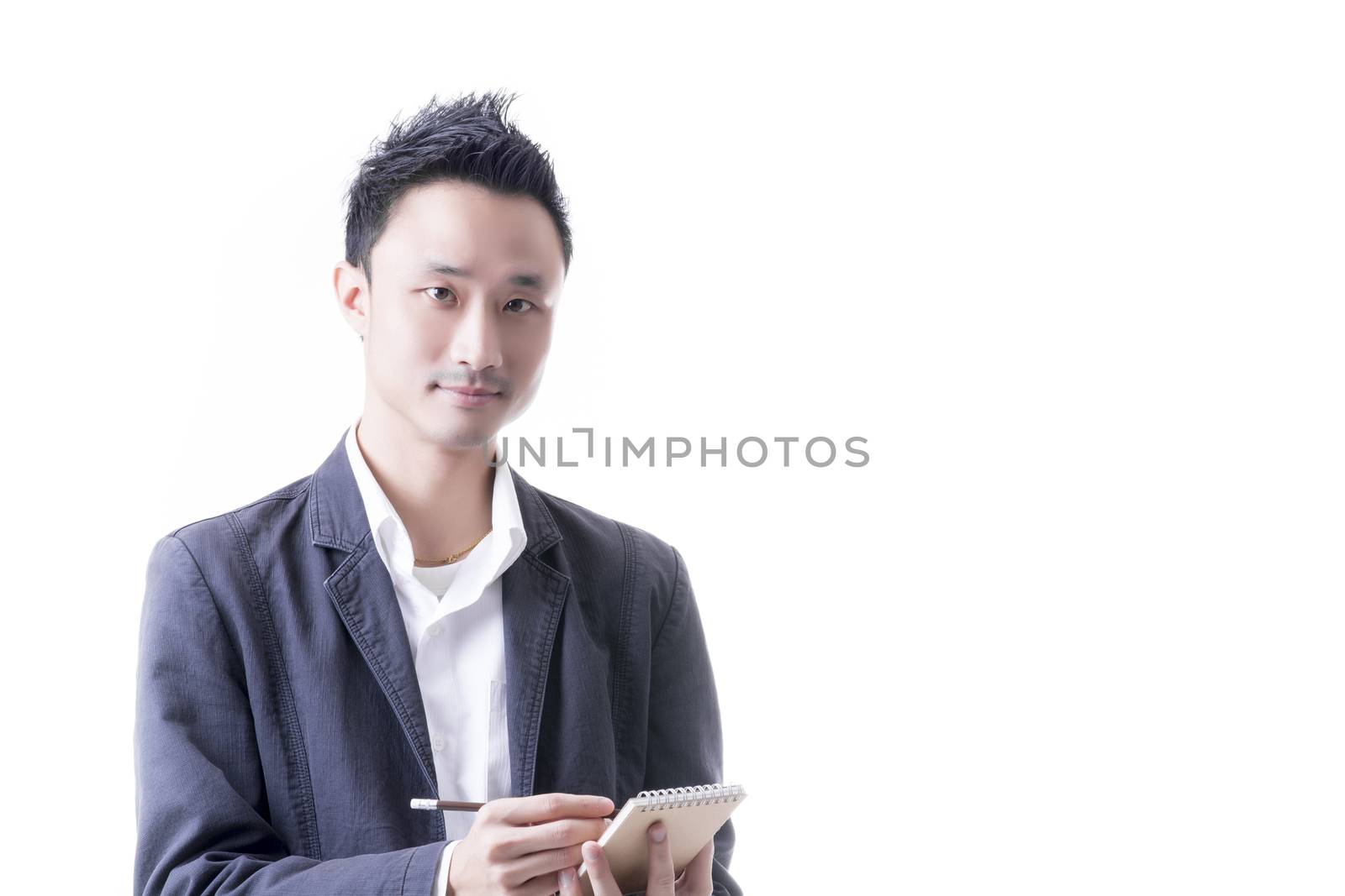 Asian man with document note in business office concept on white background