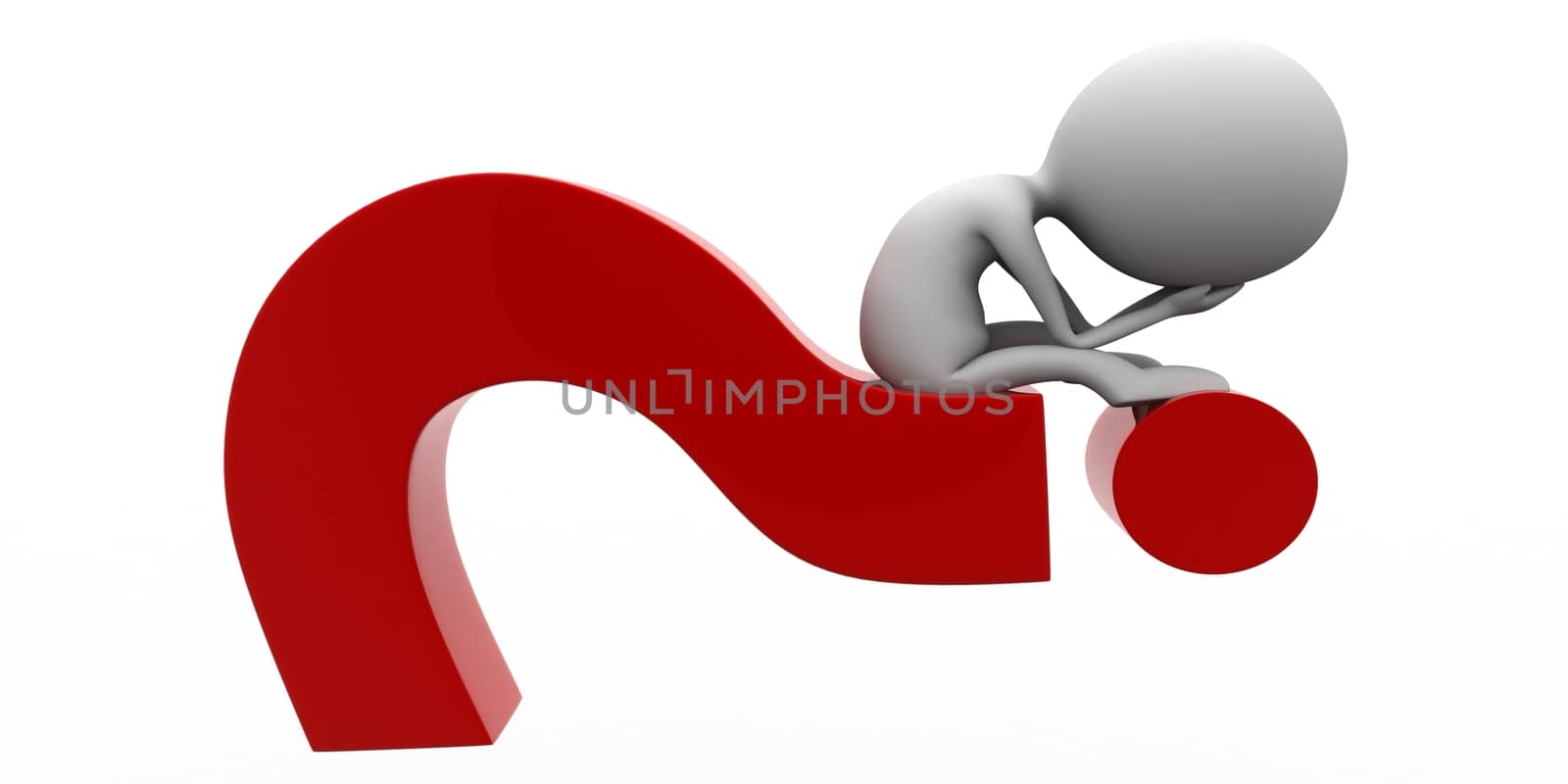 3d man worried sitting on a question mark concept  by touchmenithin@gmail.com