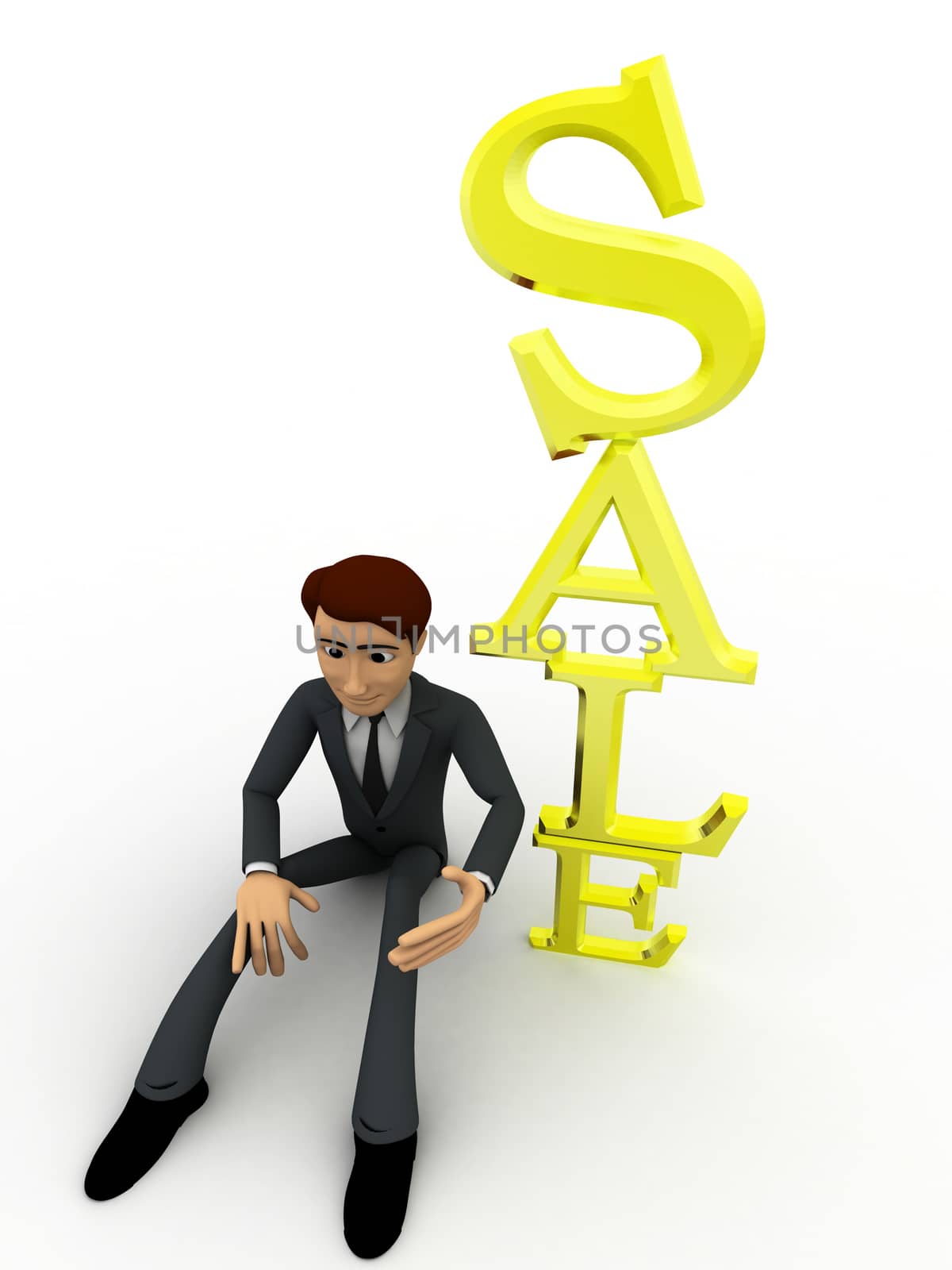 3d man sitting beside vertical sale text concept on white background, top angle view