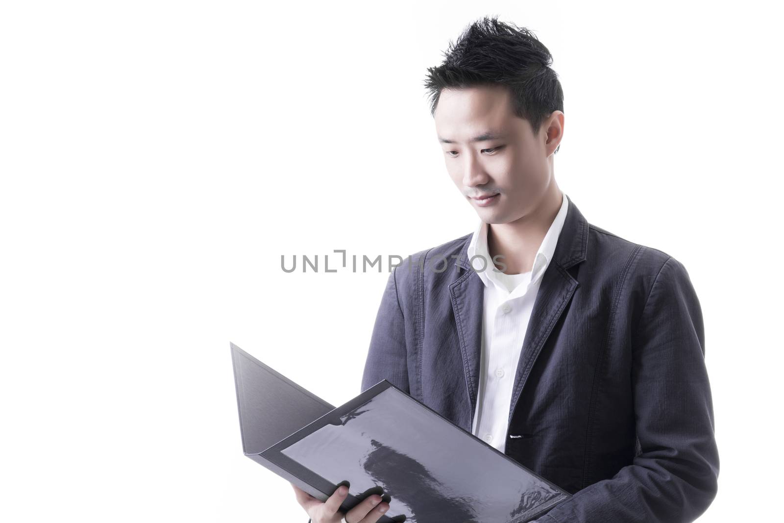 Asian man with document file in business office concept on white background