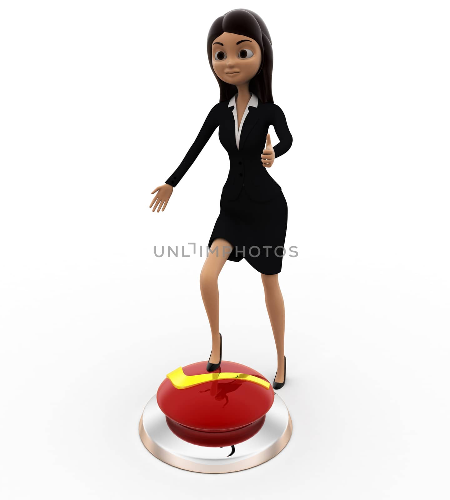 3d woman press right button with leg concept on white background, side angle view