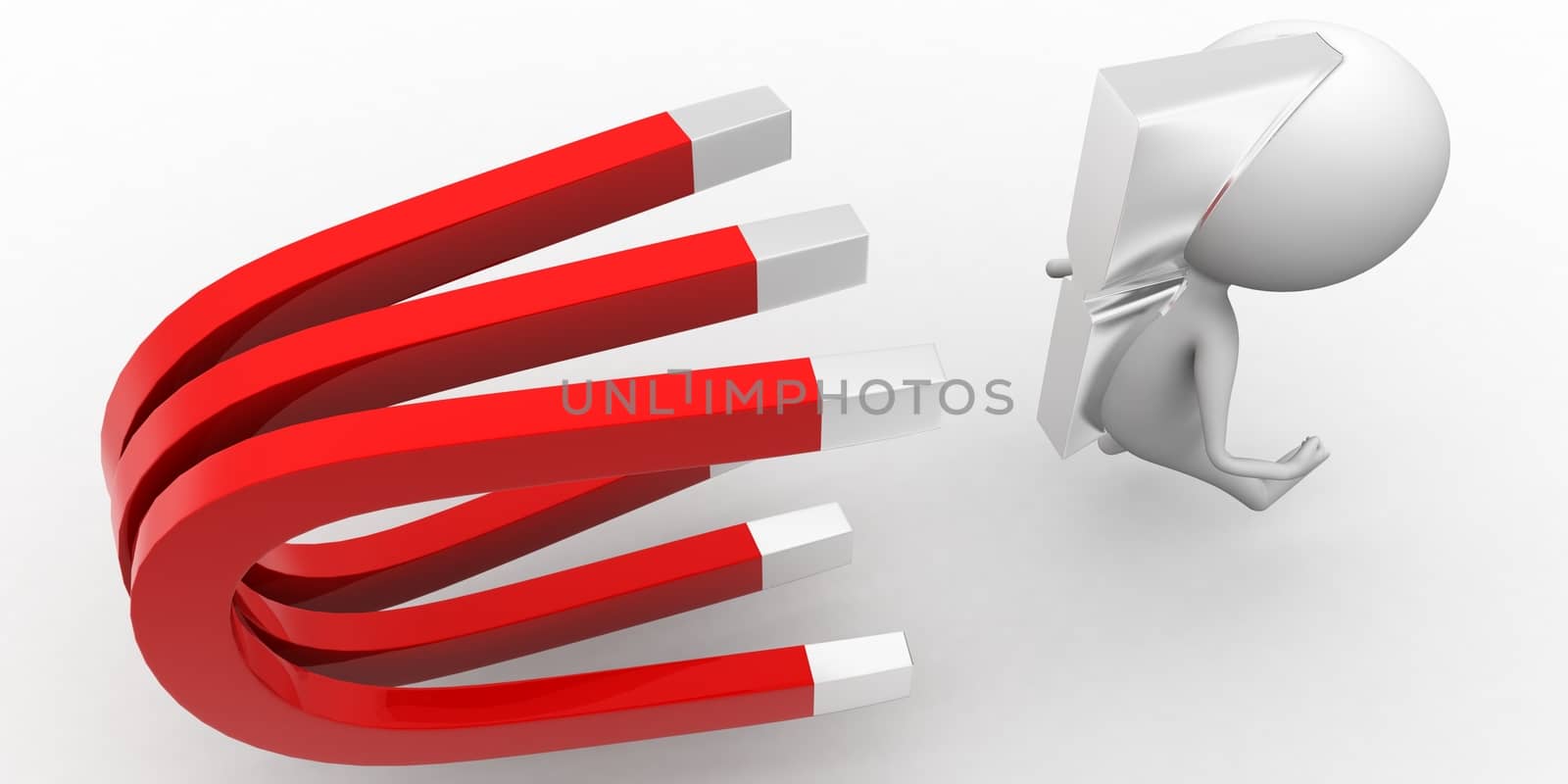 3d man wearing a steel bar and a magnet is attracting all steel attached things concept on white isolated background ,  top  angle view 