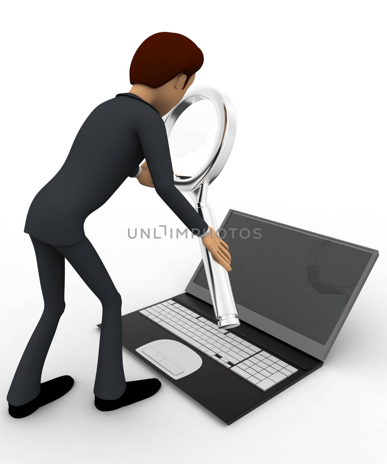 3d man searching on laptop with magnifying glass concept on white background, front angle view