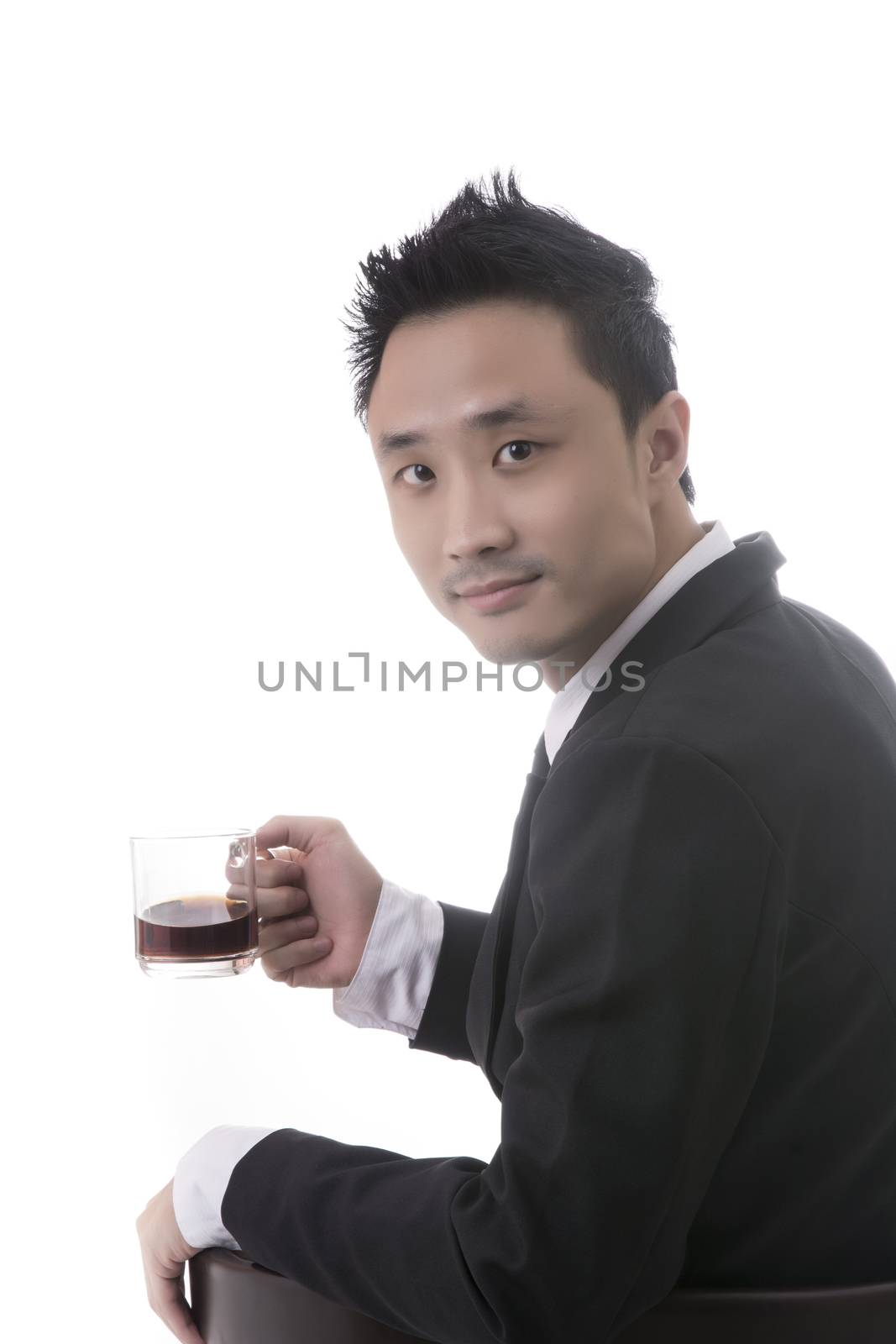 Asian man with black coffee in business office concept on white background