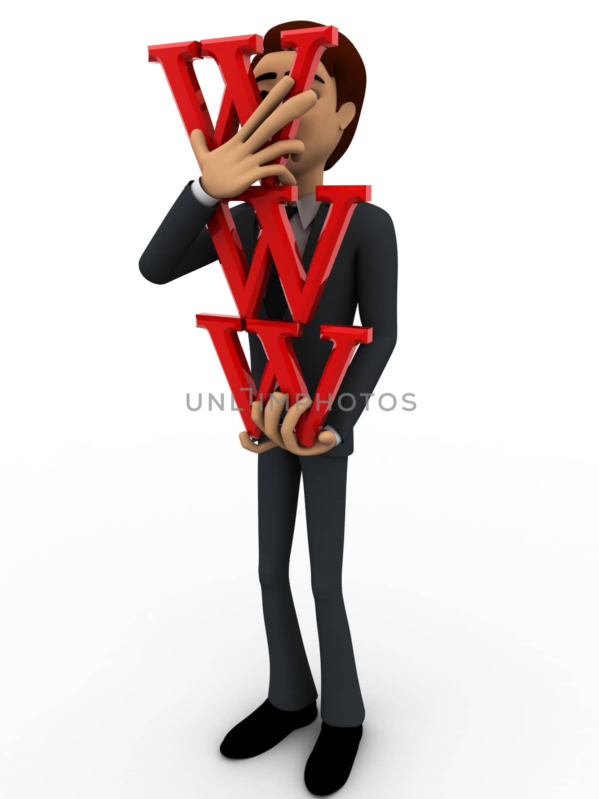 3d man holding www text in hands concept on white background, front angle view