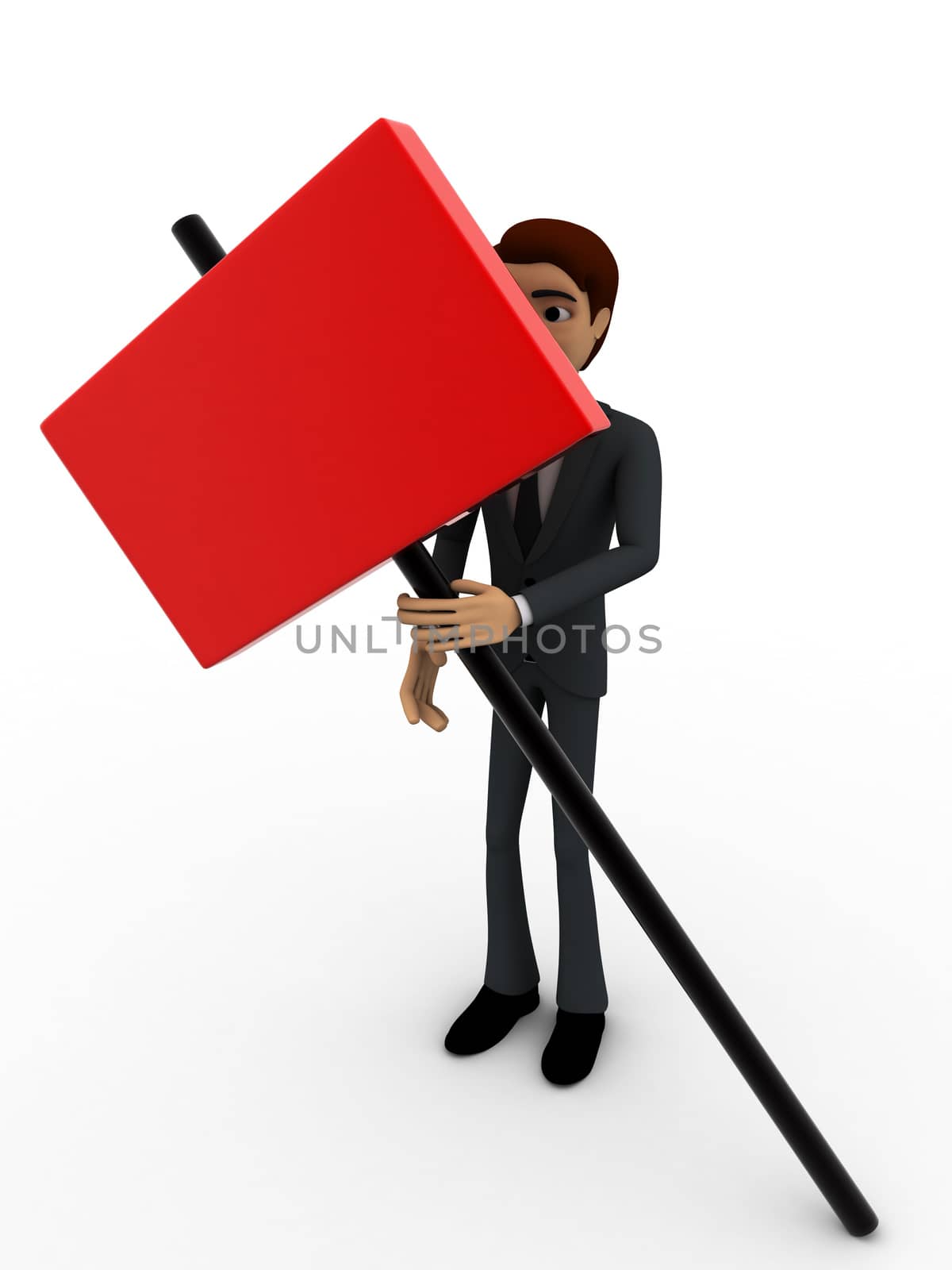 3d man holding red board in hand concept on white background, front angle view