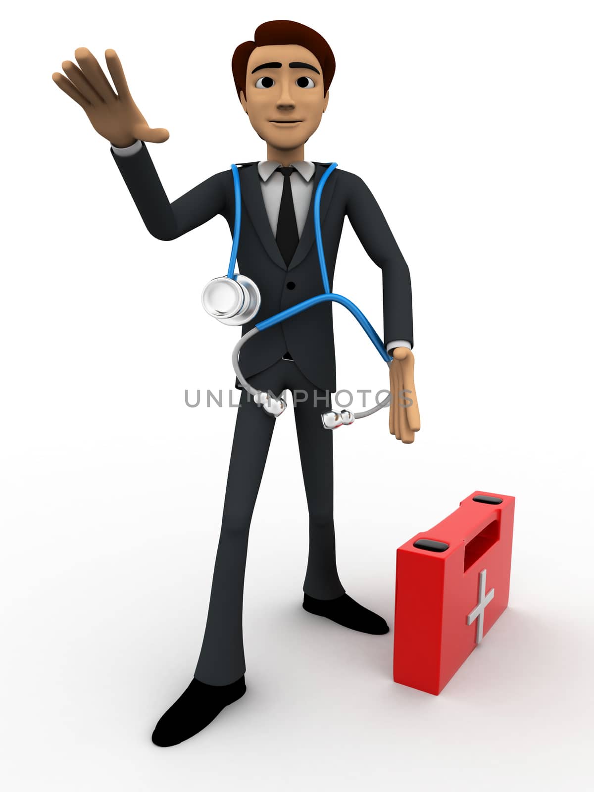 3d man doctor with first aid kit concept on white background, front angle view