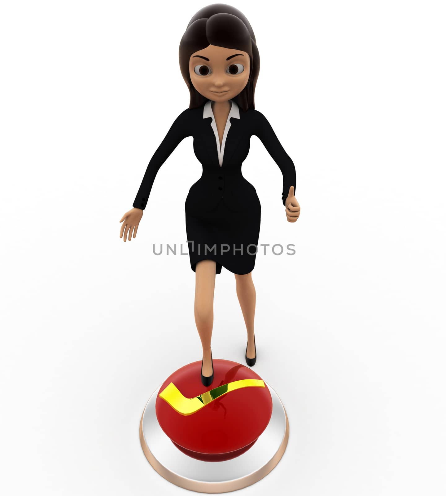 3d woman press right button with leg concept on white background, front angle view