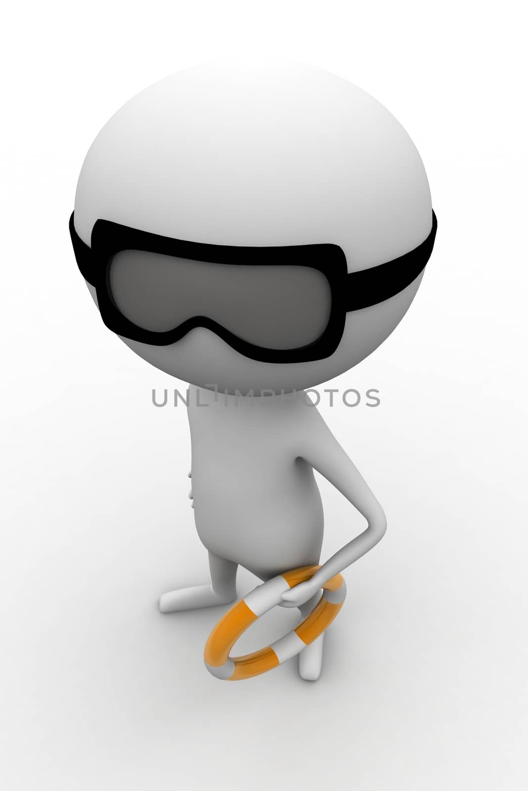 3d man wearing safety floating tube concept on white isolated background , top angle view 