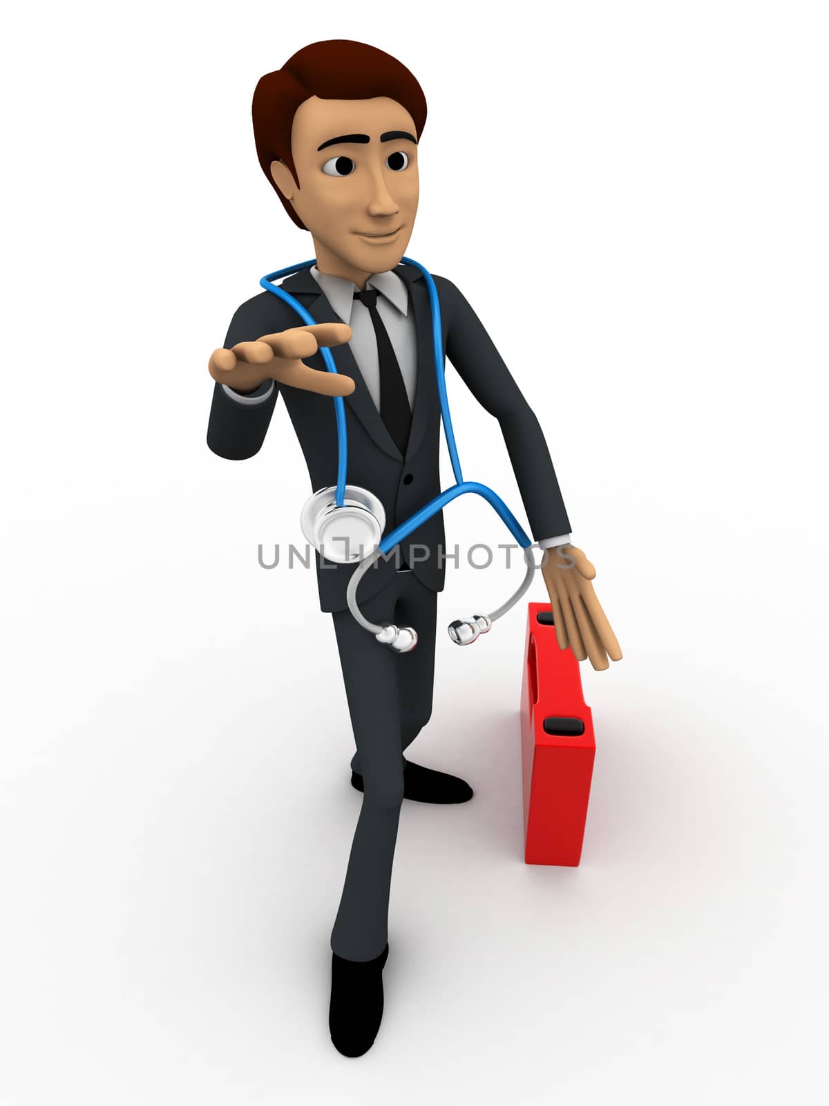 3d man doctor with first aid kit concept on white background,  side angle view