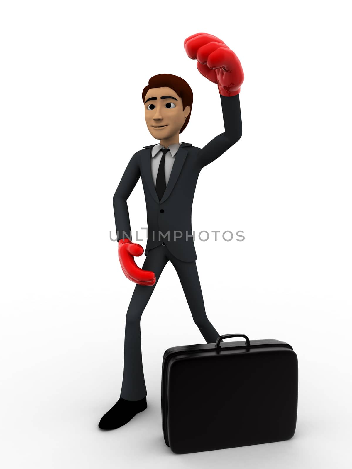 3d man wearing boxing gloves and with briefcase concept on white background, side angle view