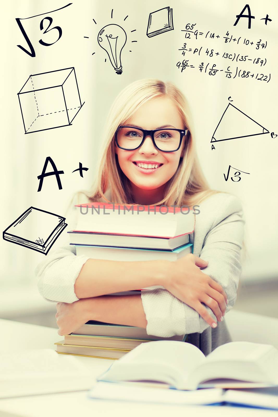 education and school concept - smiling student with stack of books and doodles