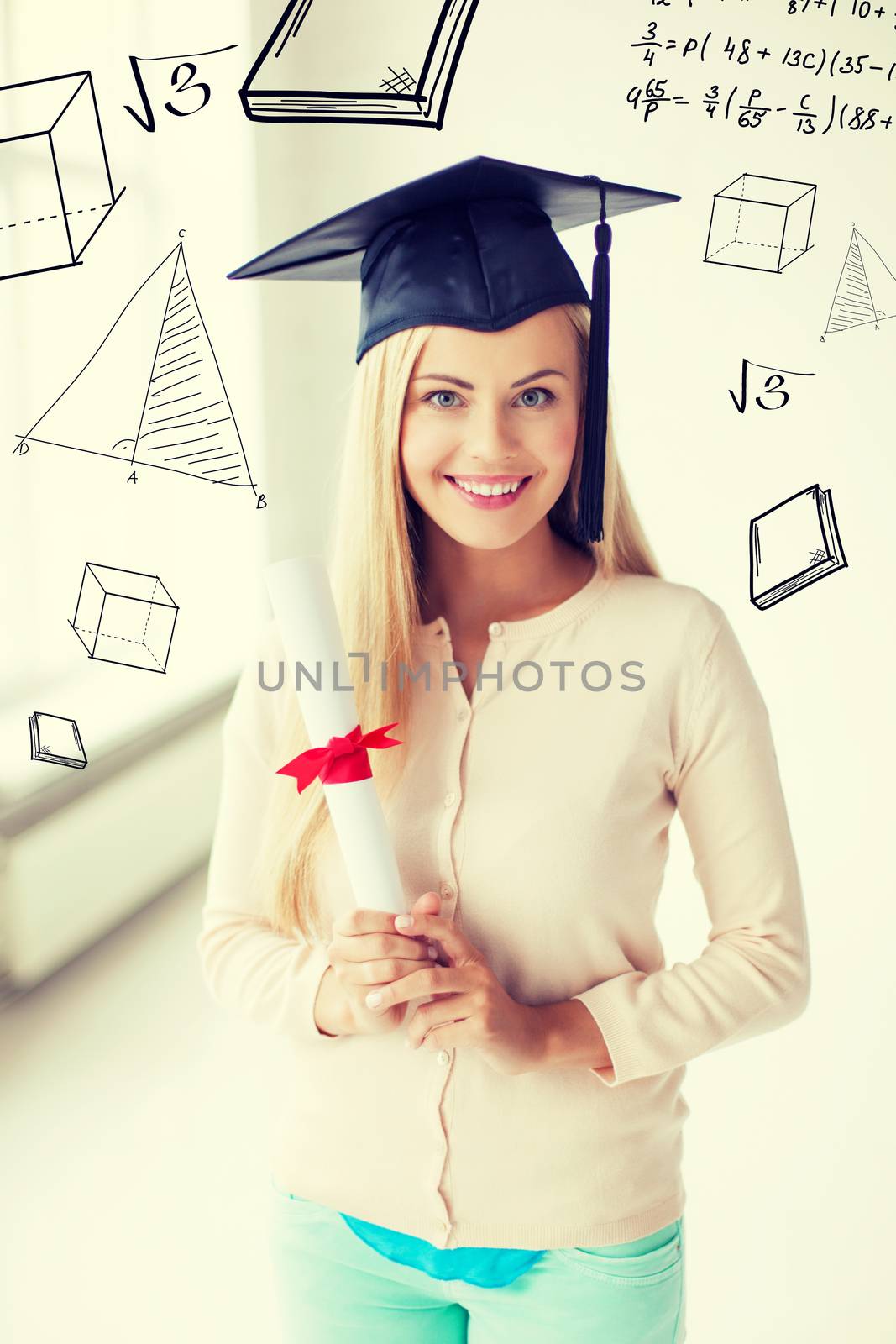 education and school concept - happy student in graduation cap with certificate