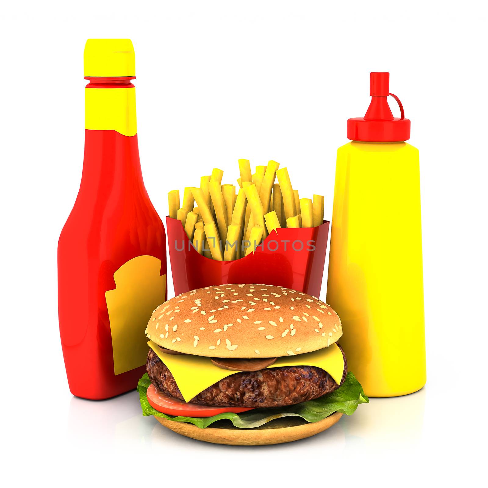 Hamburger, french fries, mustard and ketchup on a white background