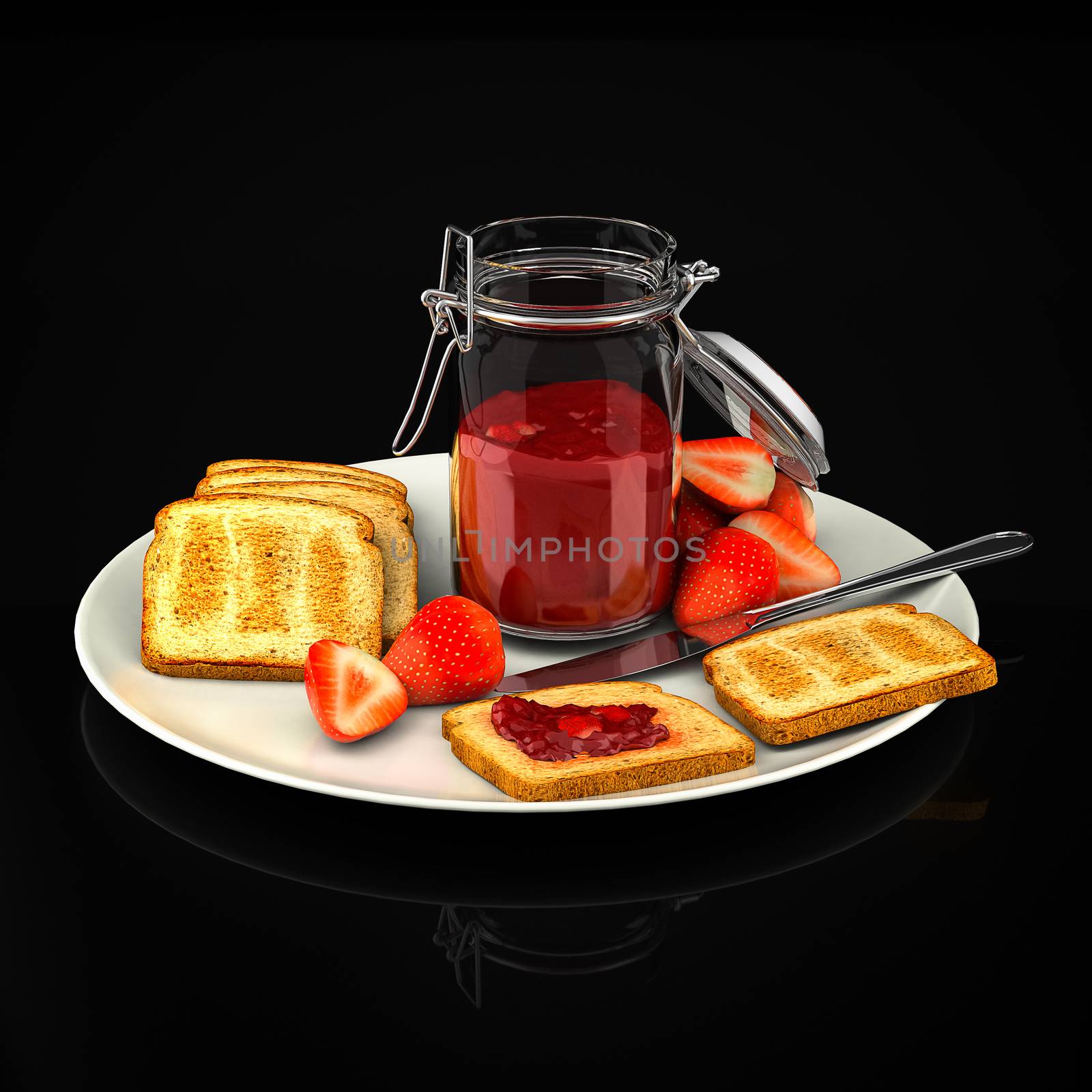 Toast with strawberry jam on a black background