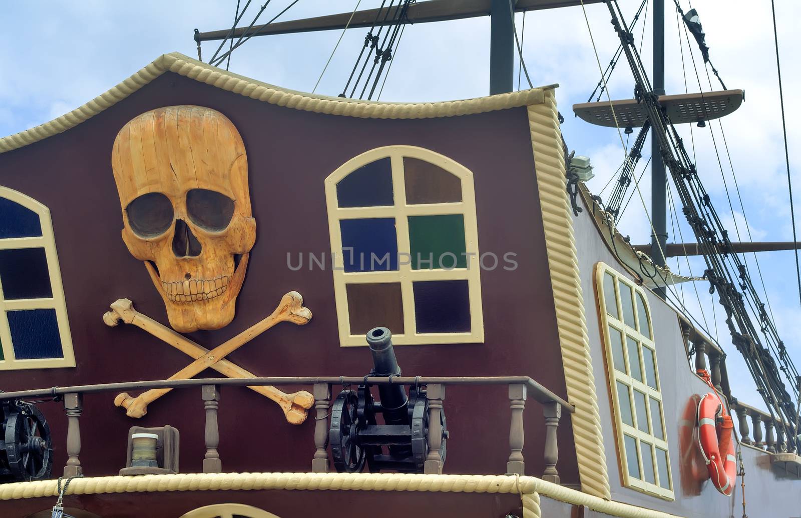 The photo shows a fragment of the stern of a yacht, with the image of a pirate symbols: skulls, crossbones, models of guns.