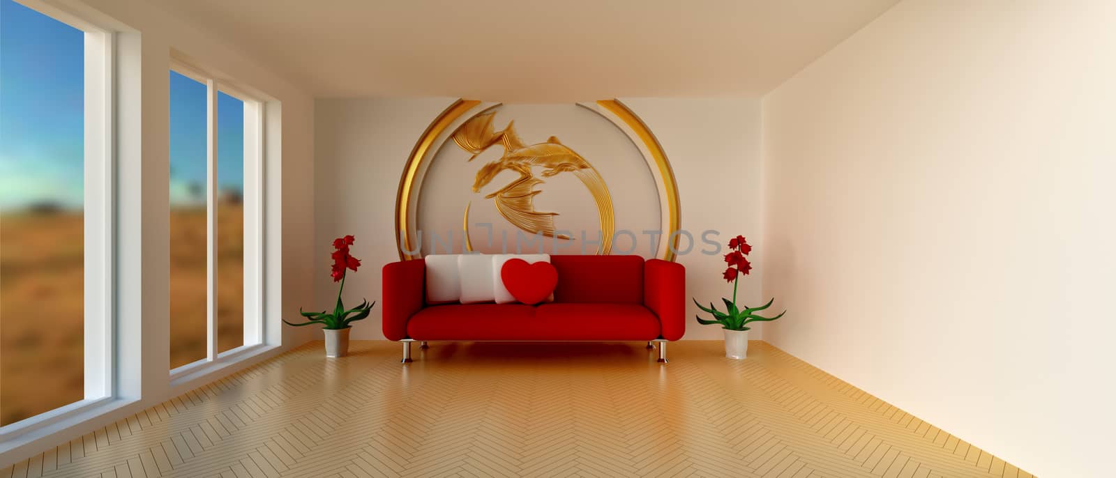 Empty sunny stylish minimalist modern living room with red sofa and white cushion, red heart-shaped pillow, red flowers and golden dragon decoration on the wall. 21:9 proportions. 3D rendering.