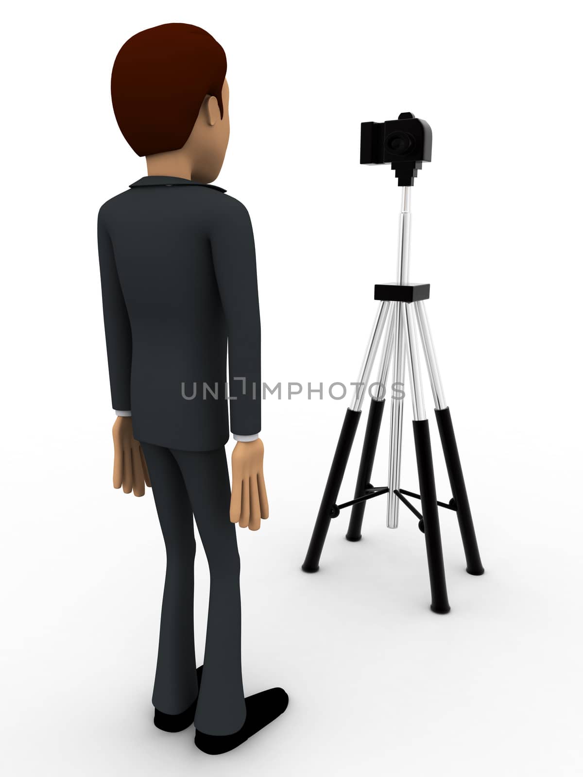 3d man stand in front of camera on tripod concept on white background, front angle view