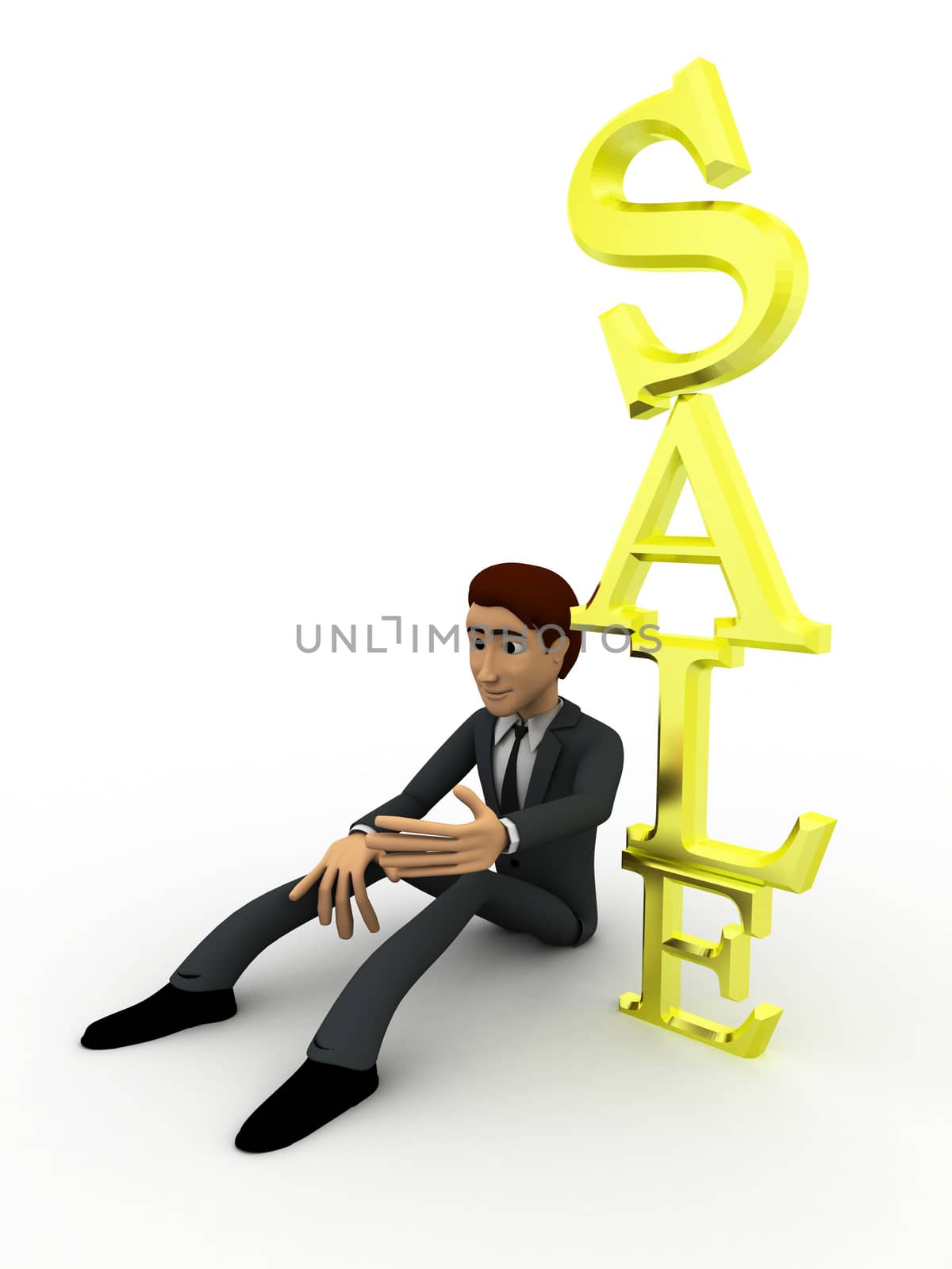 3d man sitting beside vertical sale text concept on white background, side angle view