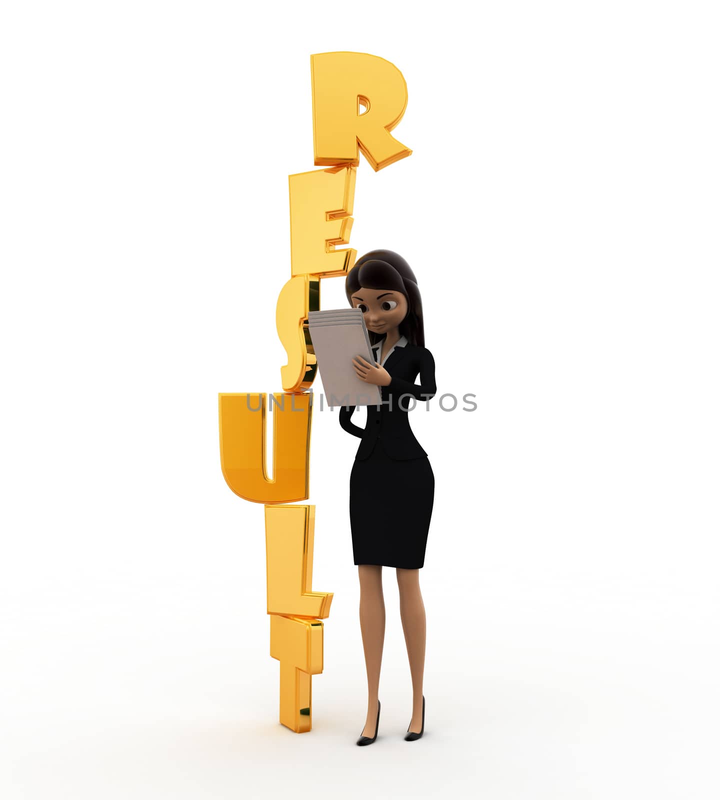 3d woman with vertical result text concept on white background, front angle view