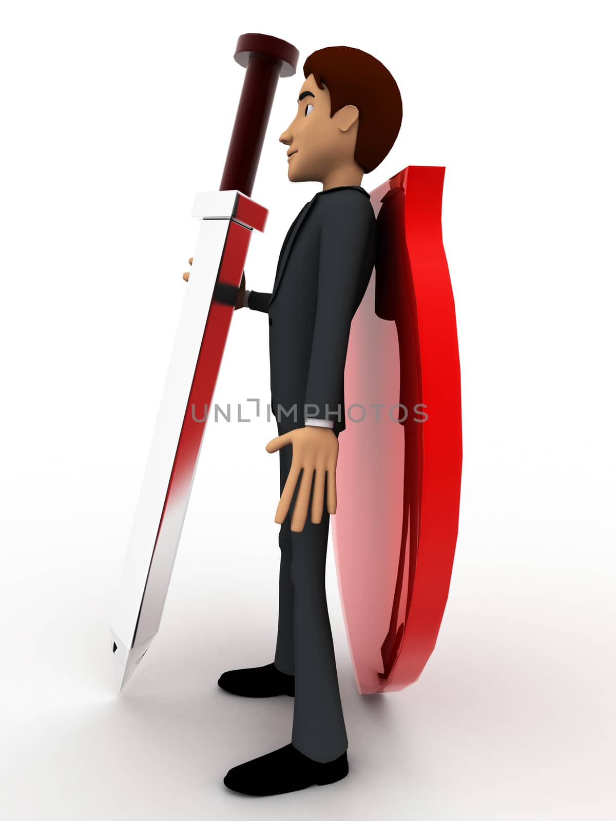 3d man with sword and shield concept on white background,  side angle view