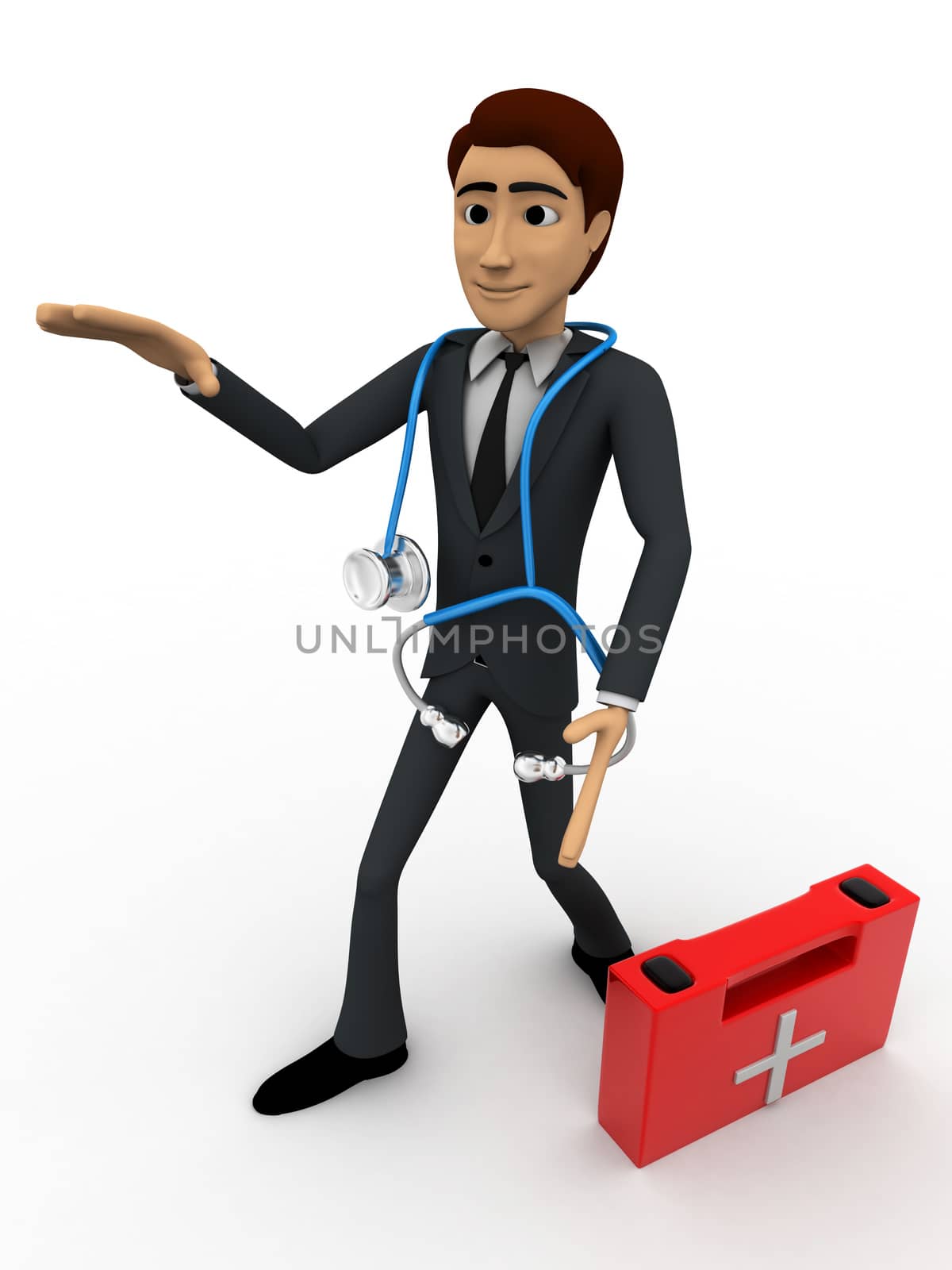3d man doctor with first aid kit concept on white background,  side angle view
