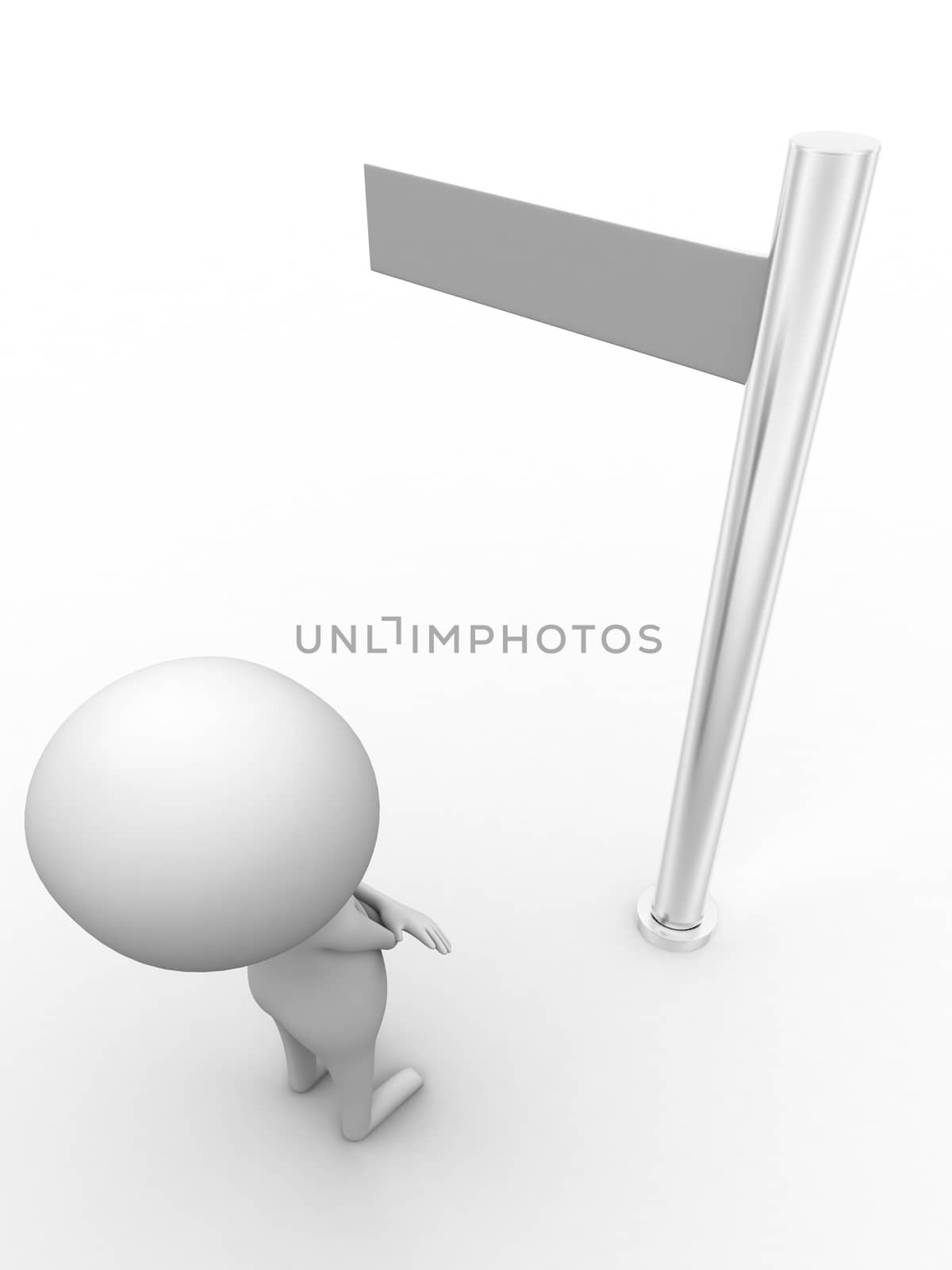 3d man looking towards sign boards concept on white isolated background , top angle view 