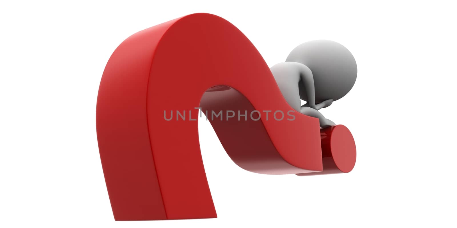 3d man worried sitting on a question mark concept  by touchmenithin@gmail.com