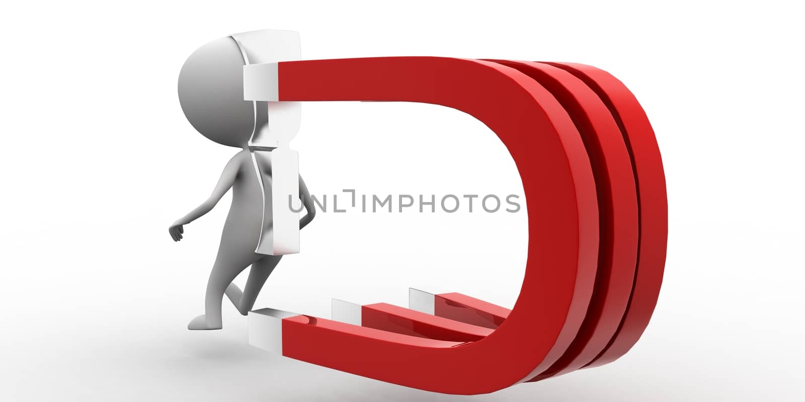 3d man wearing a steel bar and a magnet is attracting all steel attached things concept on white isolated background , back  angle view 