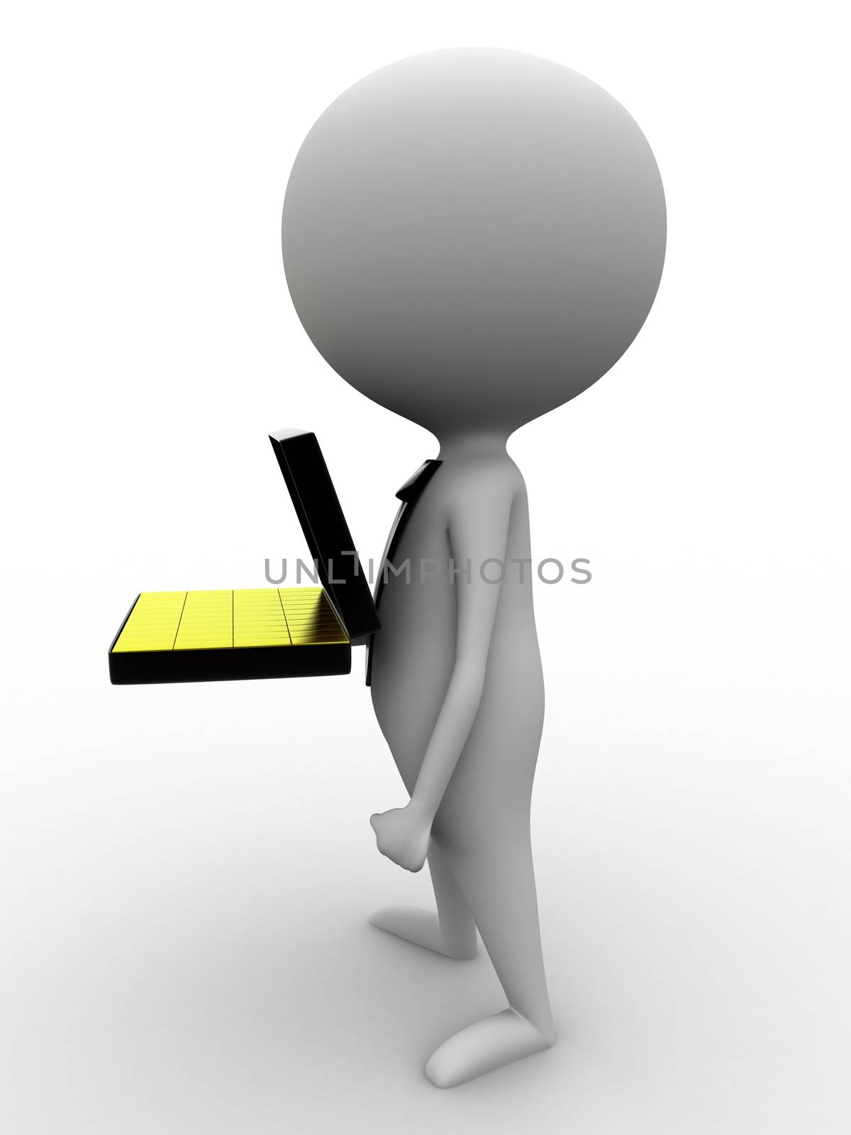 3D man holding briefcase with full of gold bars concept on white isolated background , side angle view 