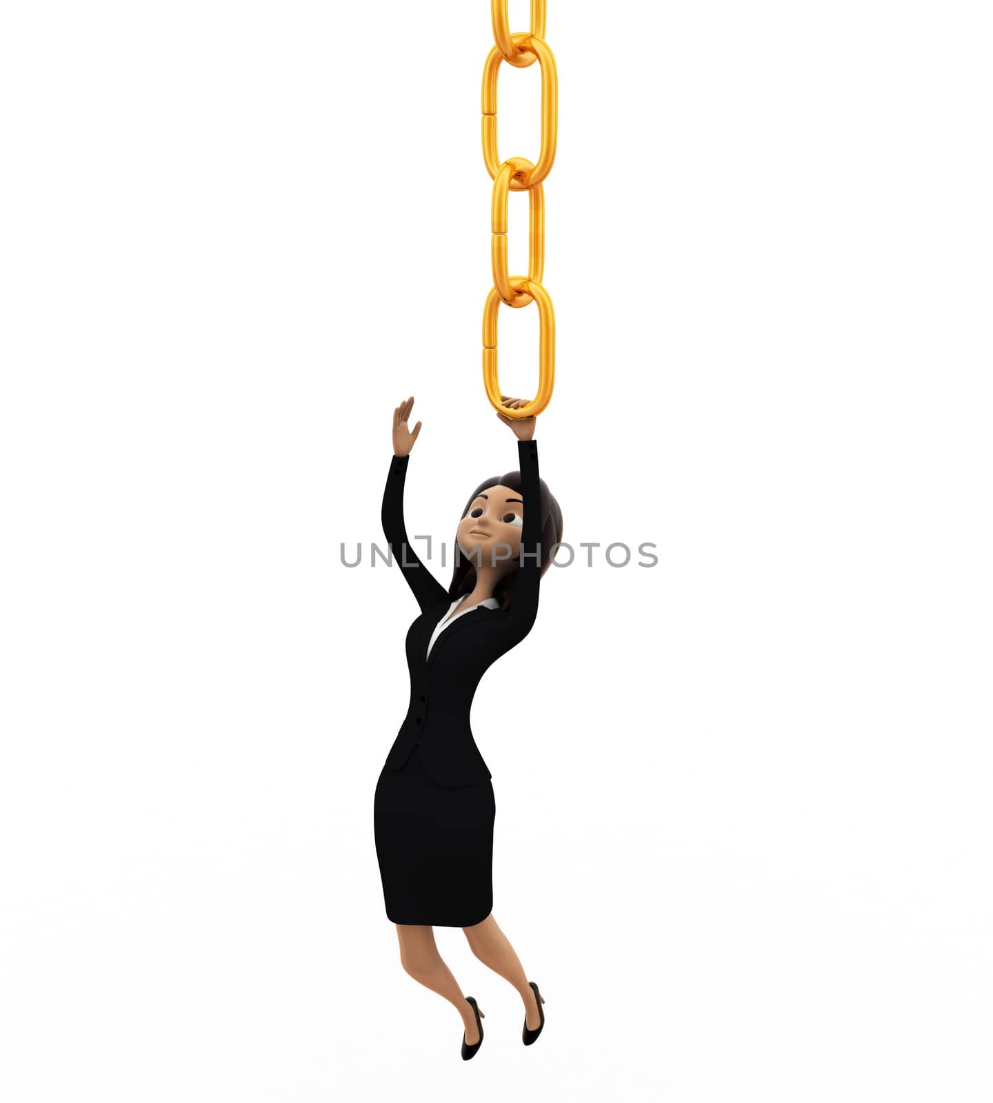 3d woman holding golden chain concept on white background, front angle view