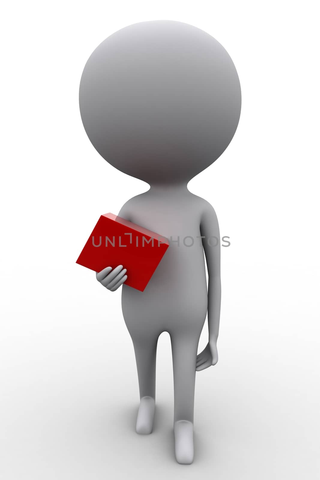 3d man holding red cube concept on white isolated background , front angle view 