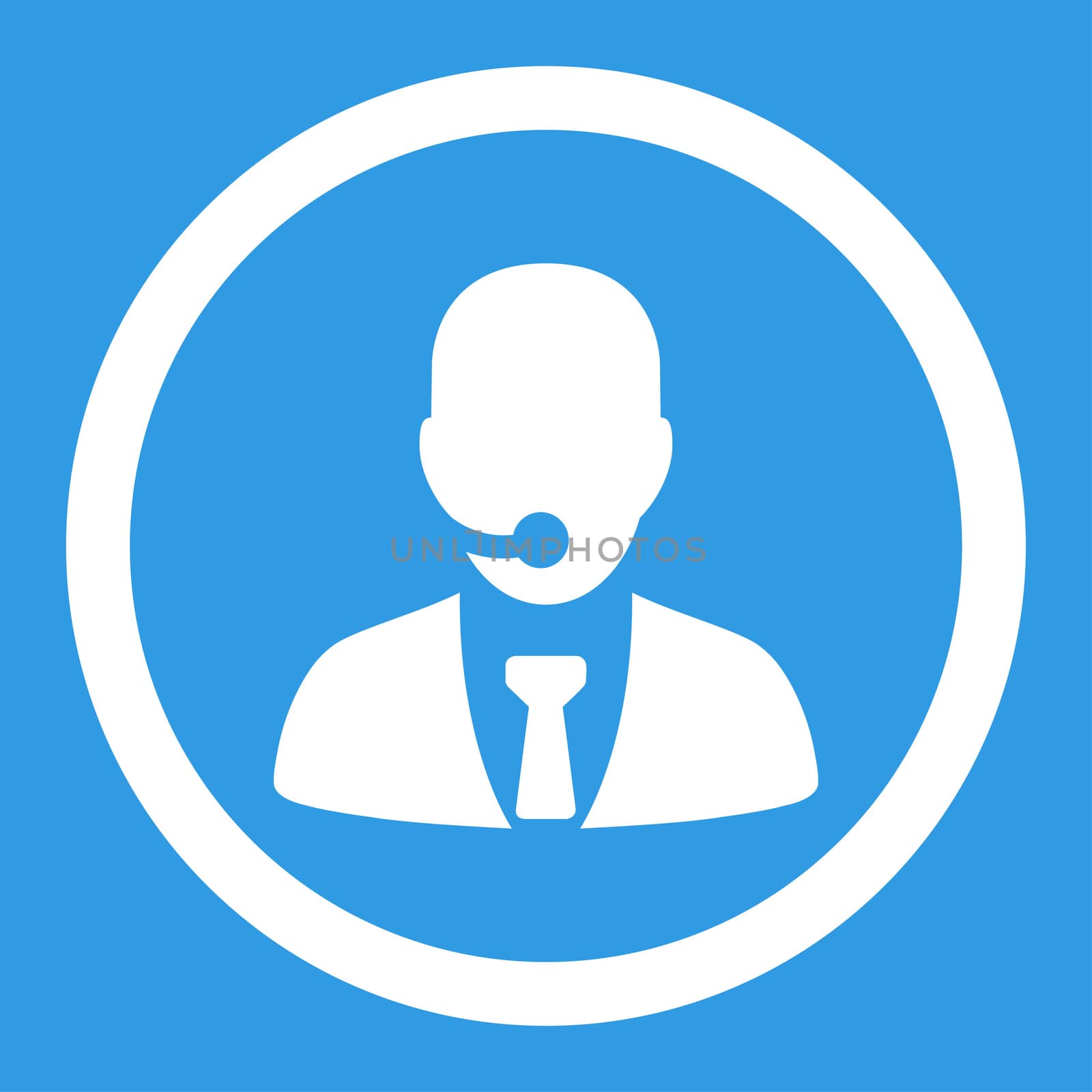 Call center operator glyph icon. This rounded flat symbol is drawn with white color on a blue background.