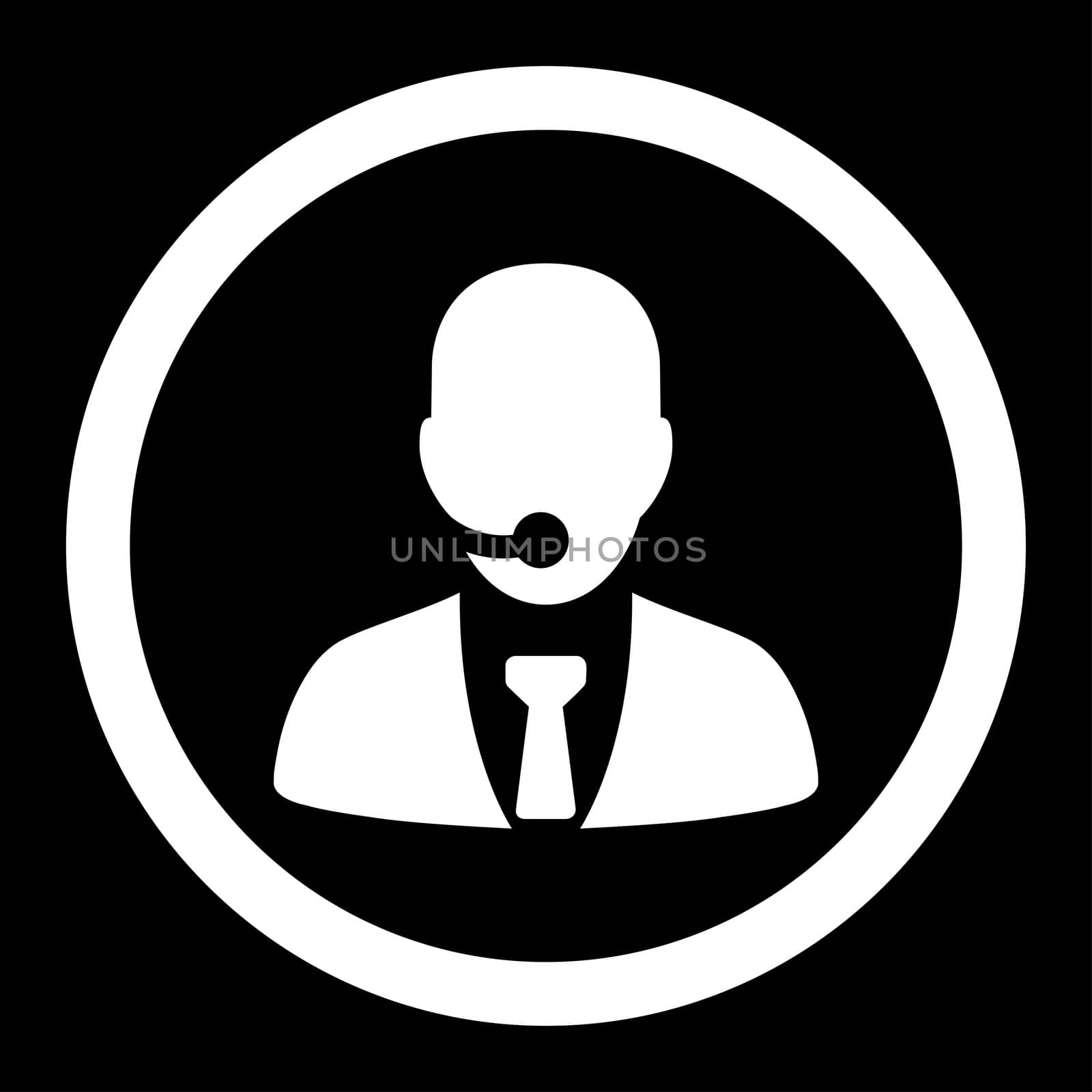 Call center operator glyph icon. This rounded flat symbol is drawn with white color on a black background.