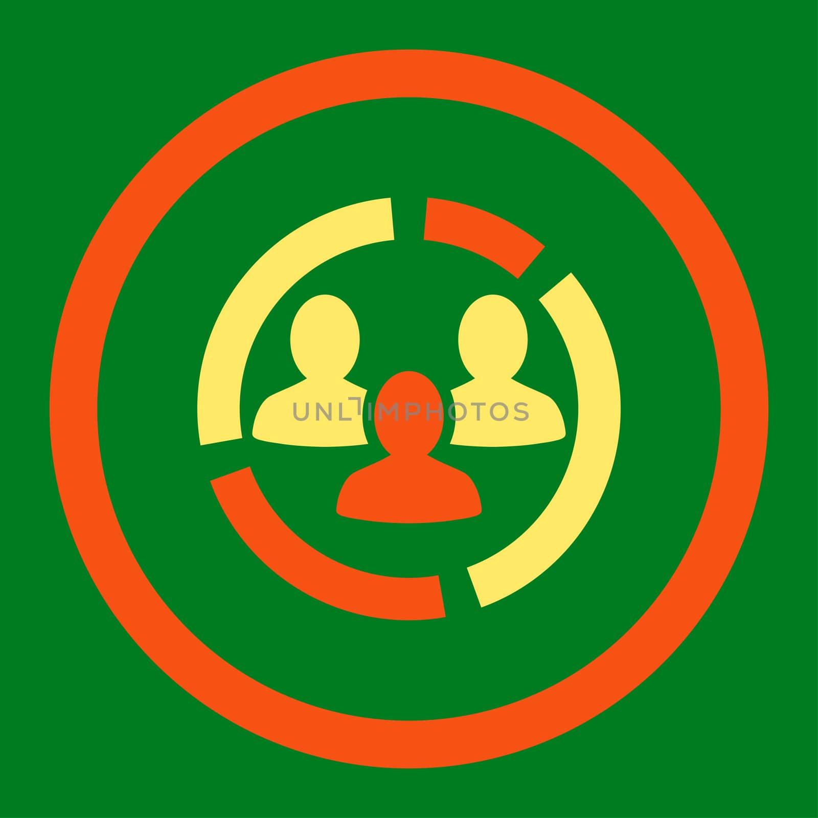 Demography diagram glyph icon. This rounded flat symbol is drawn with orange and yellow colors on a green background.