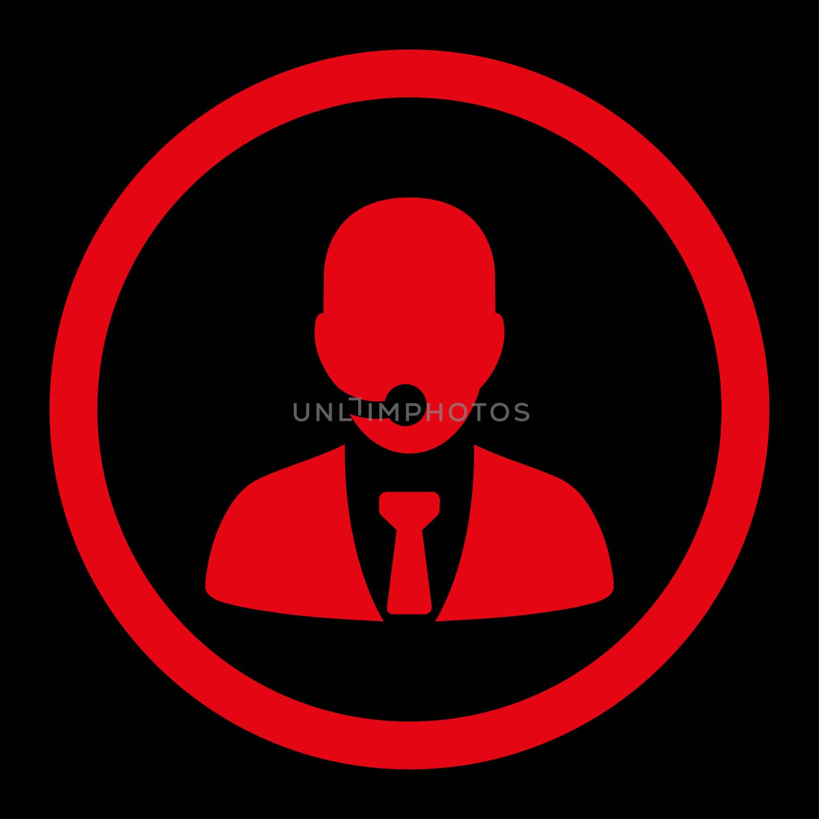 Call center operator glyph icon. This rounded flat symbol is drawn with red color on a black background.