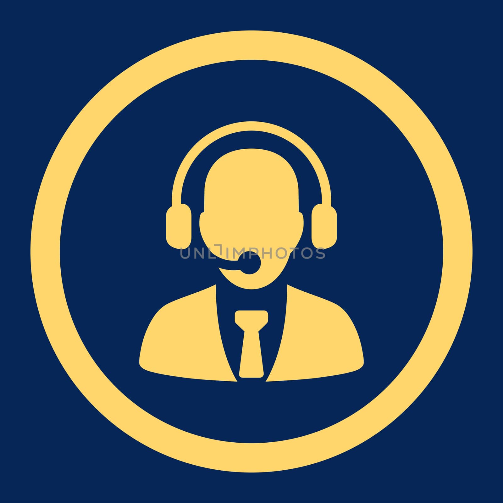 Call center glyph icon. This rounded flat symbol is drawn with yellow color on a blue background.